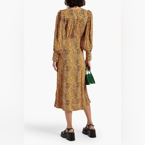 Ganni Wrap-effect Yellow Leopard Print Crepe Buttoned Midi Dress Long Sleeve 42 - Picture 10 of 16